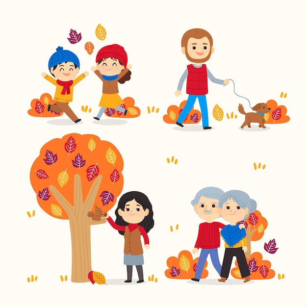 Hand drawn flat people in autumn