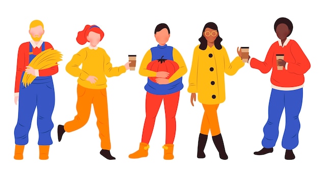 Vector hand drawn flat people in autumn