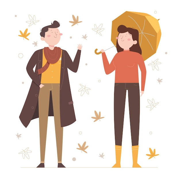 Vector hand drawn flat people in autumn