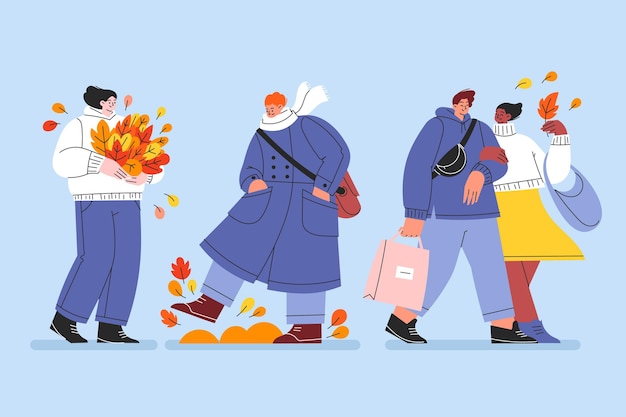 Вектор Осенний набор рисованной плоских людей