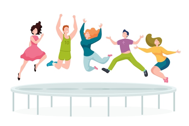 Vector hand drawn flat people jumping group