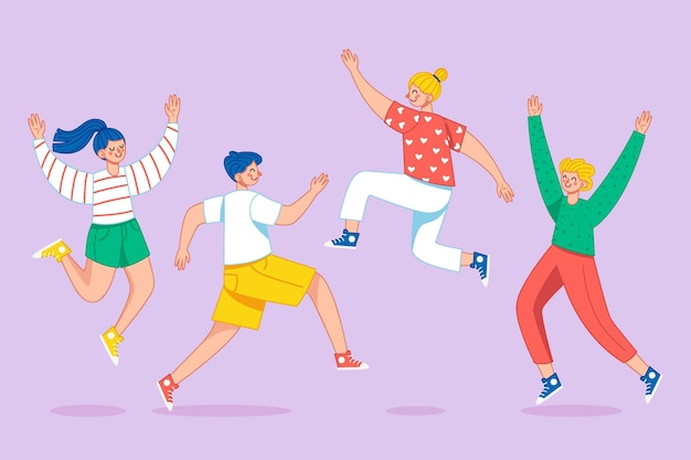 hand drawn flat people jumping