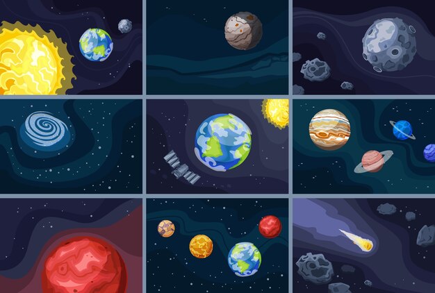 Vector hand drawn flat planets mini compositions set