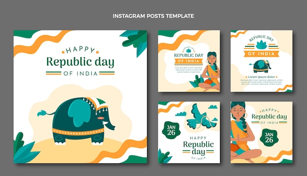 Vector hand drawn flat republic day instagram posts collection