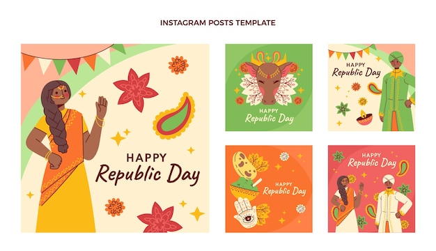 Vettore collezione di post di instagram per la festa della repubblica piatta disegnata a mano