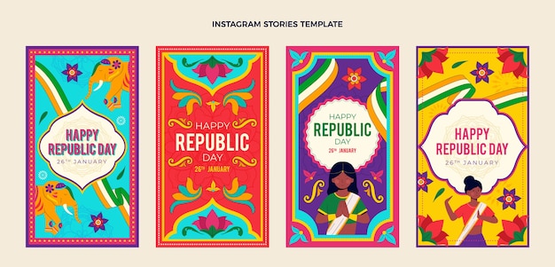 Hand drawn flat republic day instagram stories collection