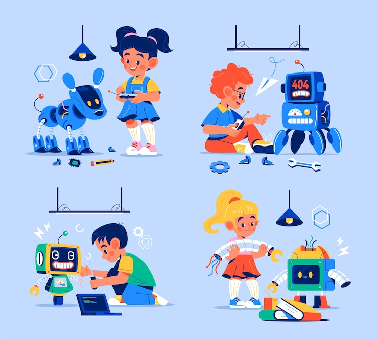 Vector hand drawn flat robotic for kids mini illustration set collection