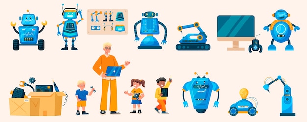 Vector hand drawn flat robotics for kids element set collection