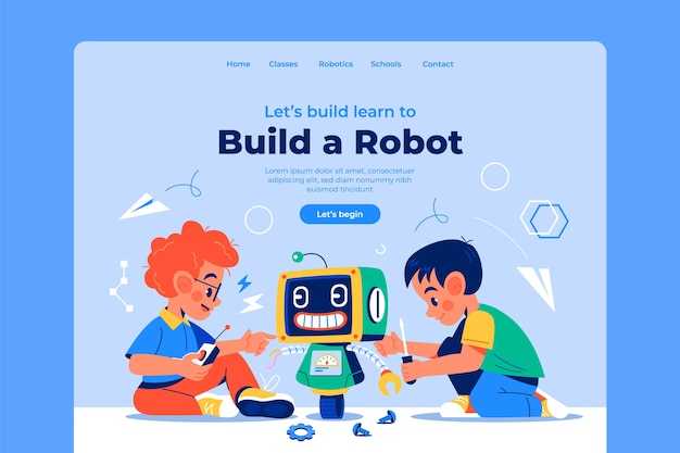 Vector hand drawn flat robotics for kids landing page template