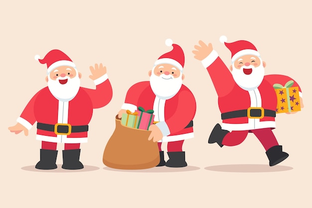 Vector hand drawn flat santa claus characters collection