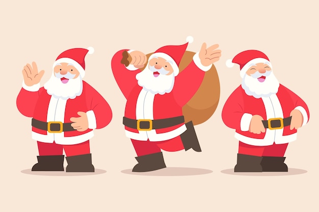 Vector hand drawn flat santa claus characters collection