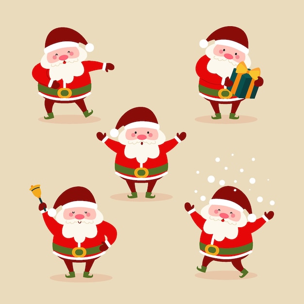 Vector hand drawn flat santa claus characters collection