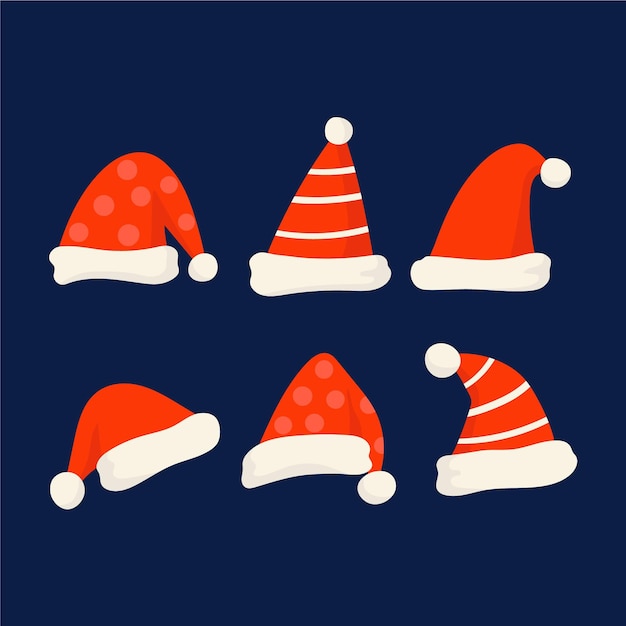 Vector hand drawn flat santa's hat collection