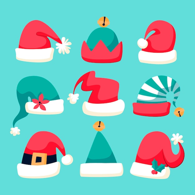 Vector hand drawn flat santa's hat collection