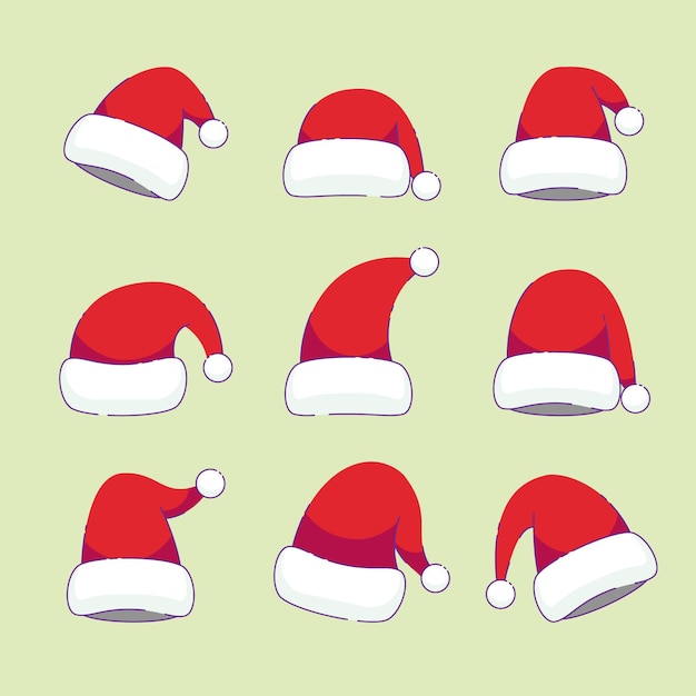 Vector hand drawn flat santa's hat collection