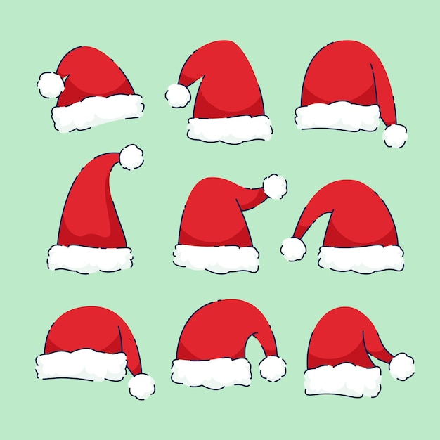 Vector hand drawn flat santa's hat collection