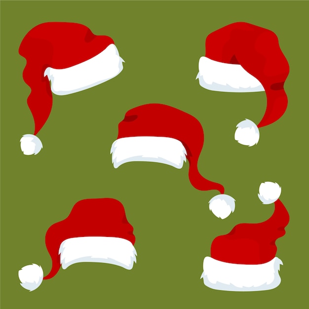 Vector hand drawn flat santa's hat collection