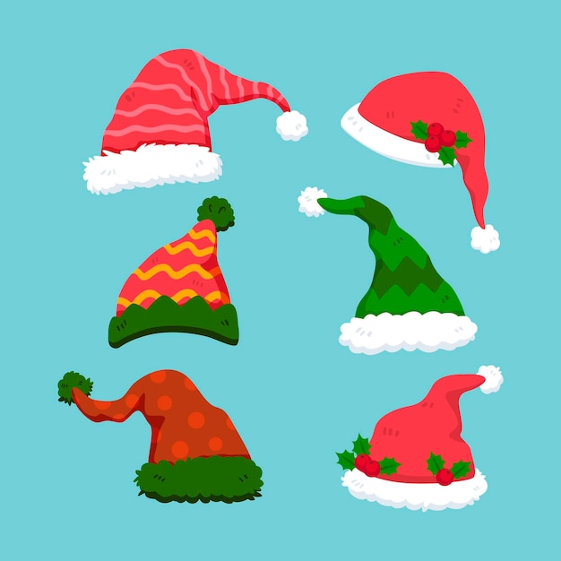 Hand drawn flat santa's hat collection