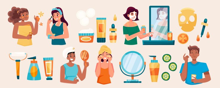 Vector hand drawn flat skincare original elements set collection with characters and skin products