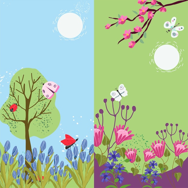 Hand-drawn flat spring banner set