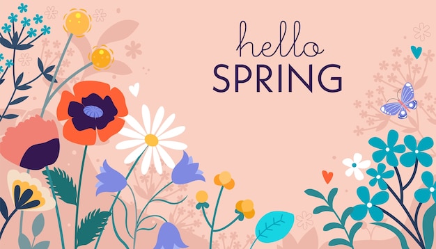 Hand drawn flat spring composition background with colorful blooming flowers