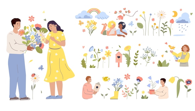 Hand drawn flat spring icons illustration set with people and blooming flowers