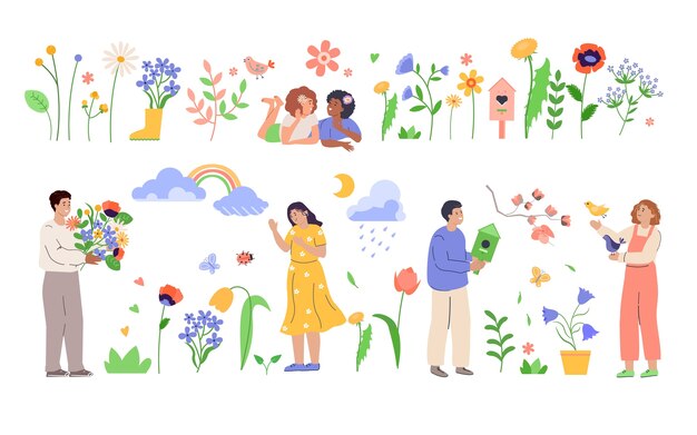 Vector hand drawn flat spring original elements collection with characters and flowers