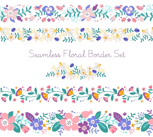 Hand drawn flat spring seamless borders set with colorful flowers