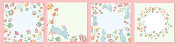 Hand drawn flat square cards set collection with blooming flowers and rabbits