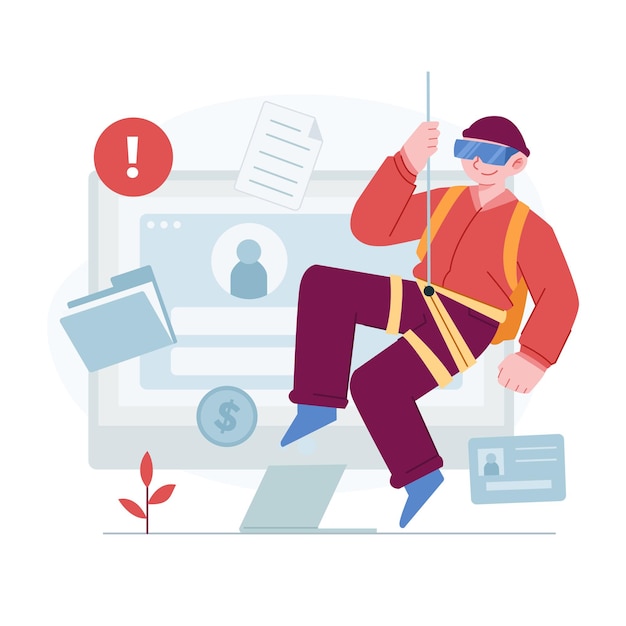 Vector hand drawn flat stealing data concept illustration with hacker bring folder and information