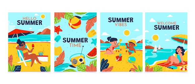 手描きの平らな夏の垂直カードセット