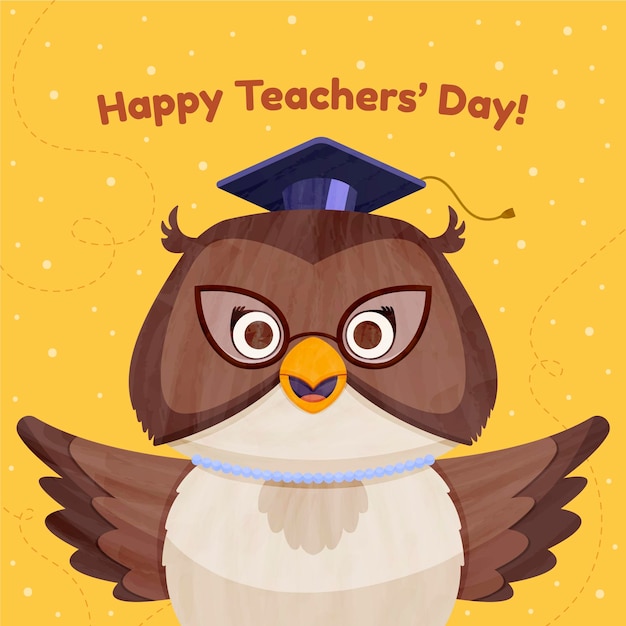 Hand drawn flat teachers' day illustration with owl