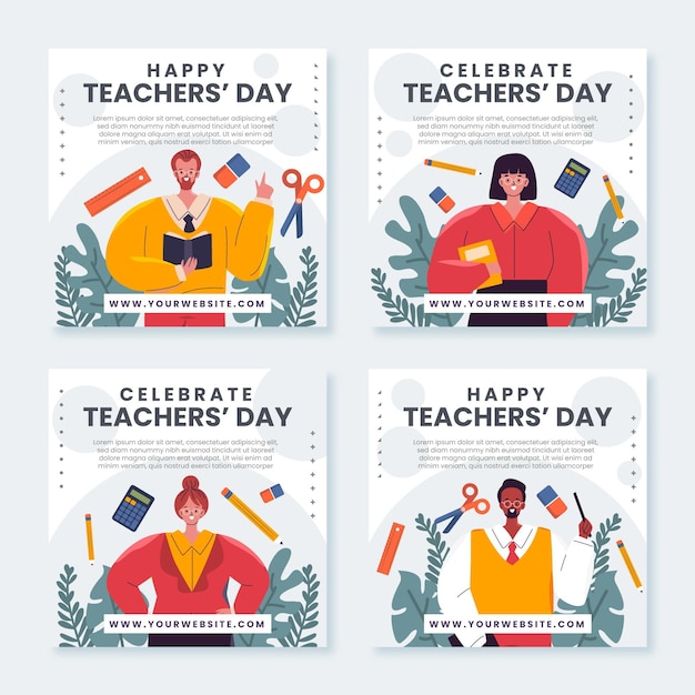 Hand drawn flat teachers' day instagram posts collection