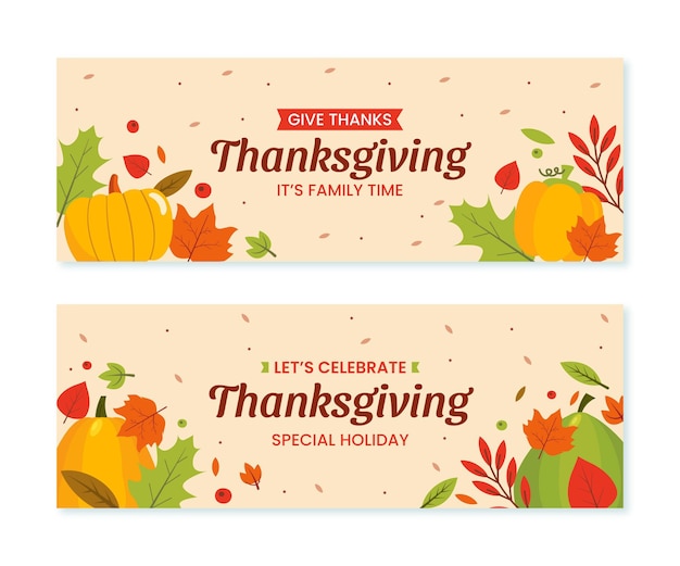 Vector hand drawn flat thanksgiving horizontal banners set