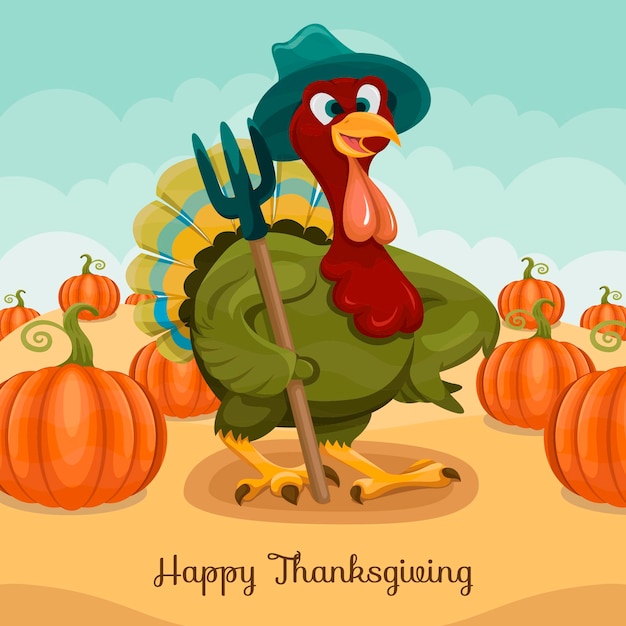 Vector hand drawn flat thanksgiving illustration with turkey