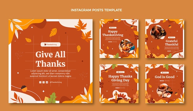 Hand drawn flat thanksgiving instagram posts collection