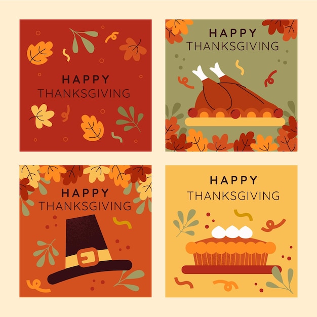 Vector hand drawn flat thanksgiving instagram posts collection