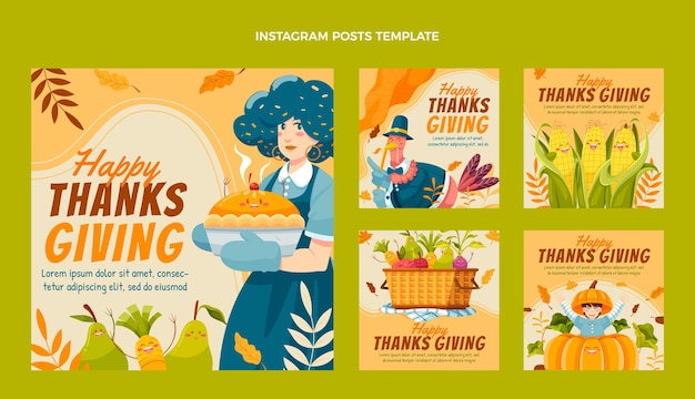 Hand drawn flat thanksgiving instagram posts collection