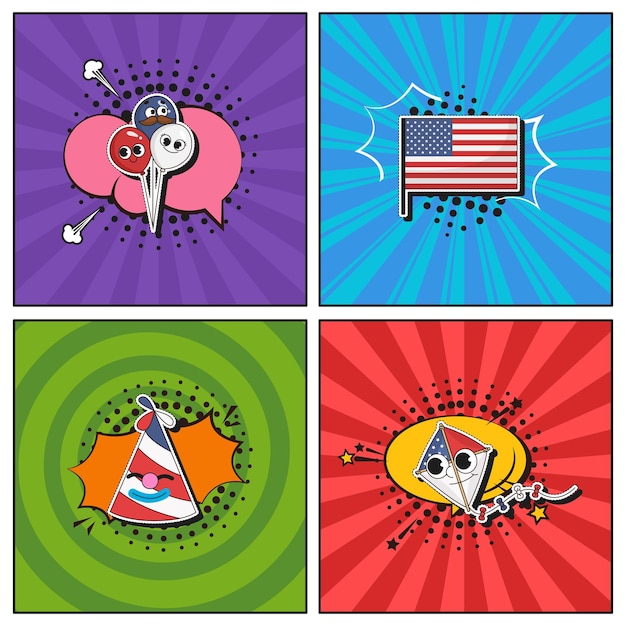 Vector hand drawn flat trendy cartoon elements collection 4 of july