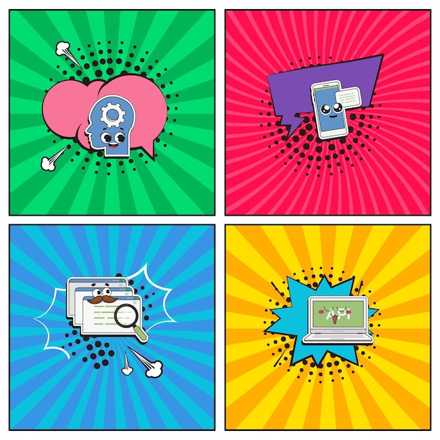 手描きのフラットなトレンディな漫画要素コレクション プログラミングスキル