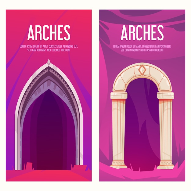 hand drawn flat types of arches vertical banner template set