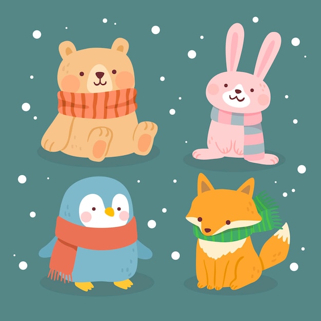 Vector hand drawn flat winter animals collection