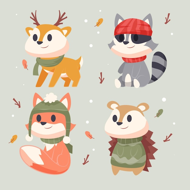 Vector hand drawn flat winter animals collection