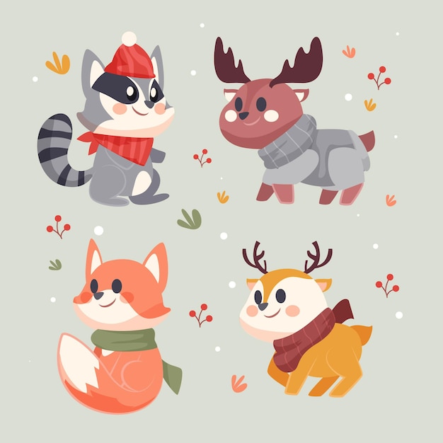 Vector hand drawn flat winter animals collection