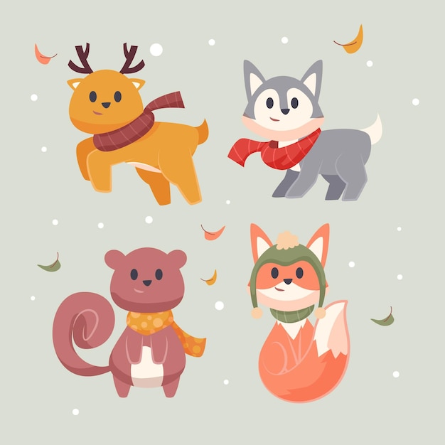 Vector hand drawn flat winter animals collection