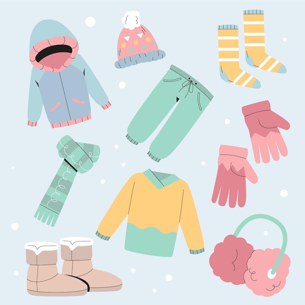 手描きの平らな冬服と必需品のコレクション