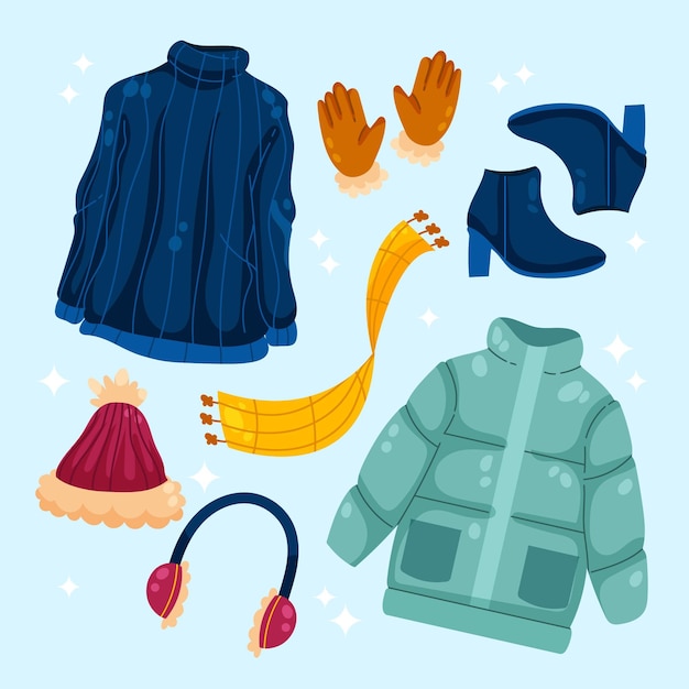 Collezione di vestiti invernali piatti ed elementi essenziali disegnati a mano