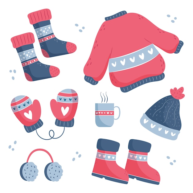 Vector hand drawn flat winter clothes and essentials collection