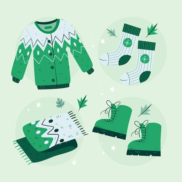 Vector hand drawn flat winter clothes and essentials collection