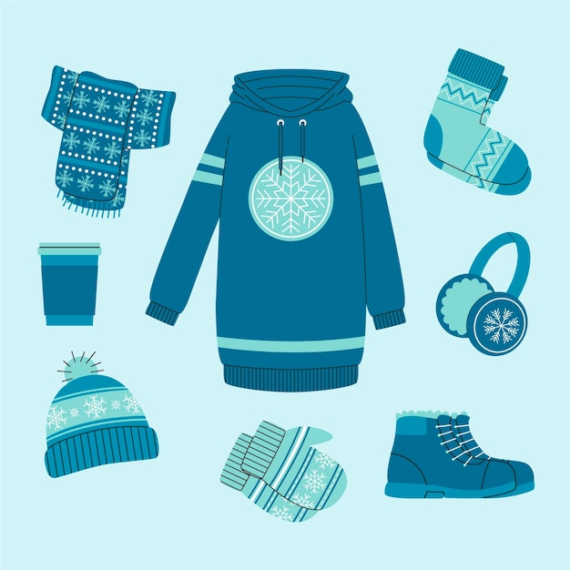 Vector hand drawn flat winter clothes and essentials collection